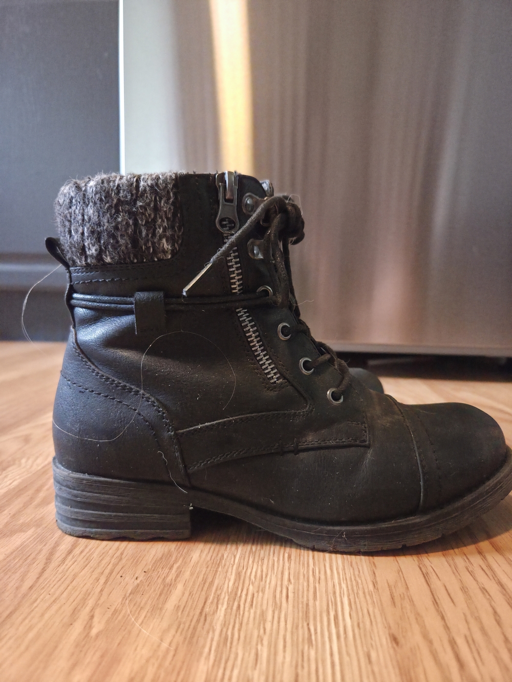 Women's Black Lace-Up Ankle Boots with Knit Cuff